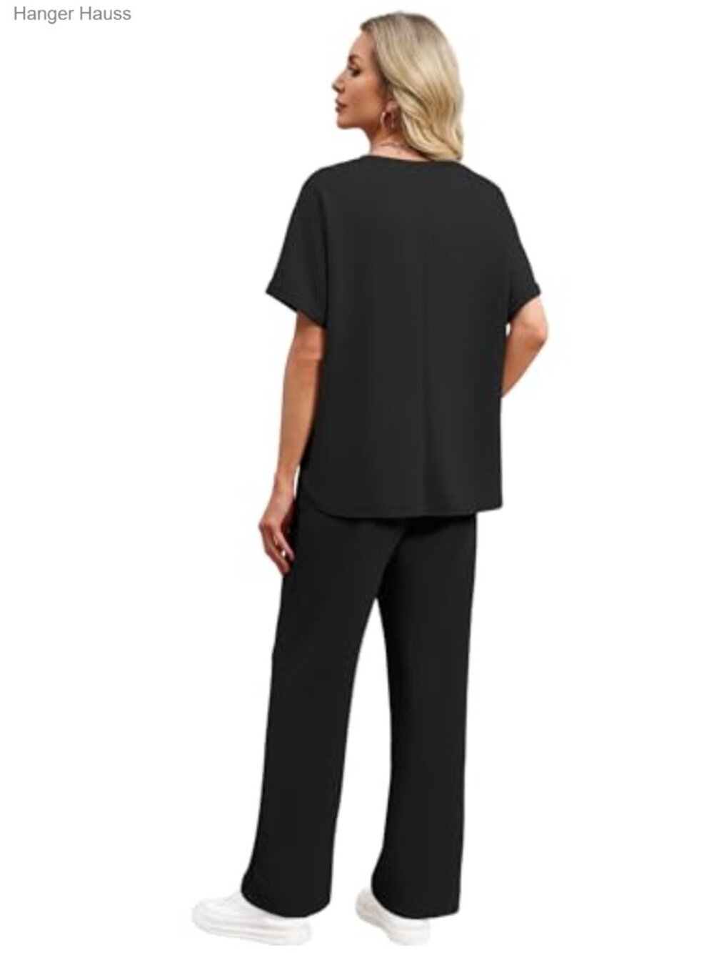 Women's V Neck Short Sleeve Wide Leg Pant 2 Piece Lounge Set - Picture 4 of 6
